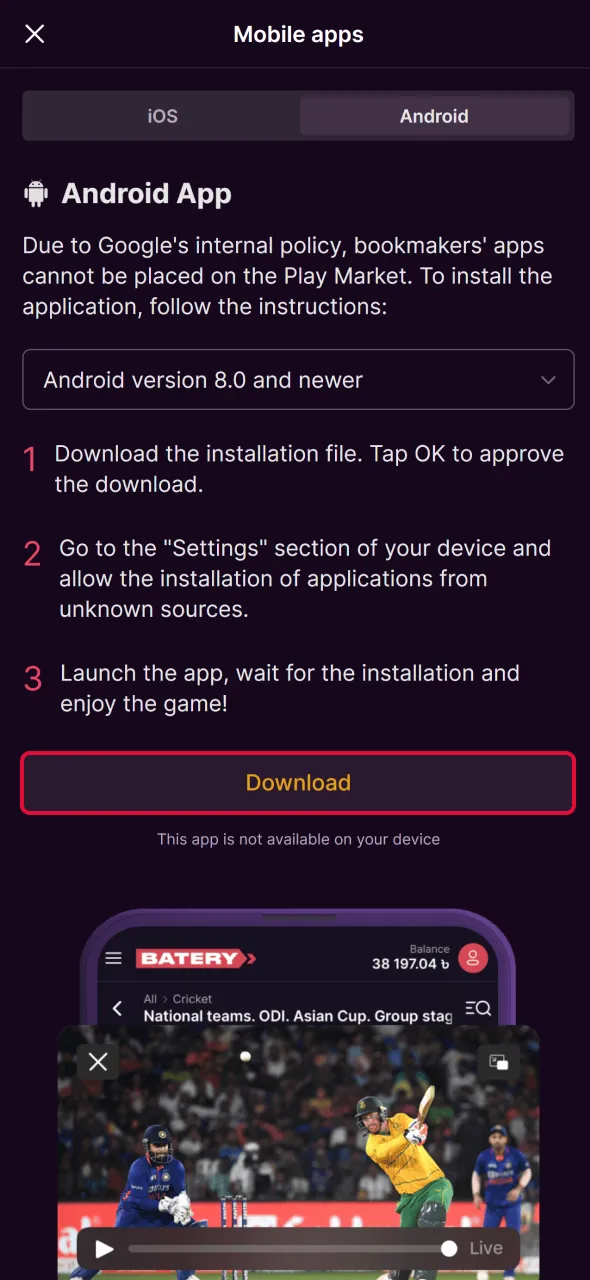 Locate the app download button for Batery Aviator quickly.