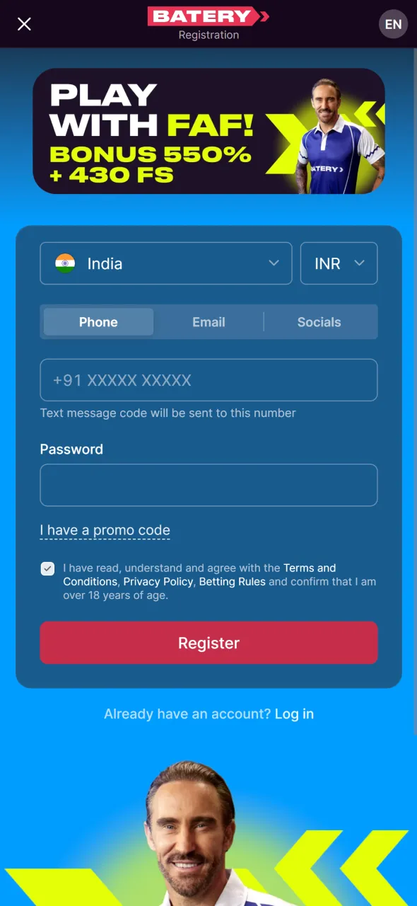 Create a new account for Aviator through Batery app registration.