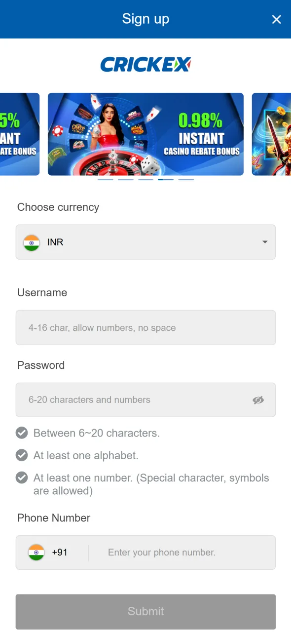 Register a new account for Aviator within the Crickex application.