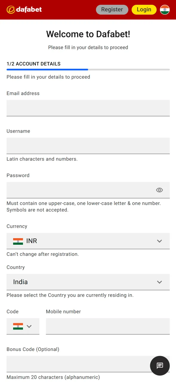 Tap registration to create Aviator account in the Dafabet app.