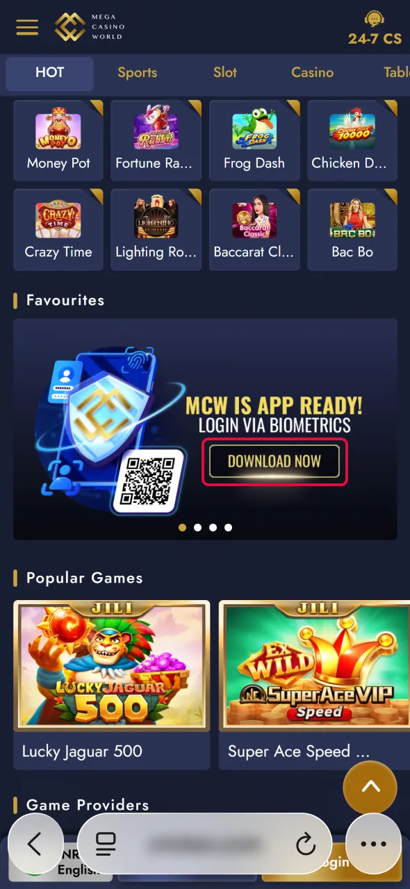 Locate the iOS button to install Aviator via the Mega Casino World app.