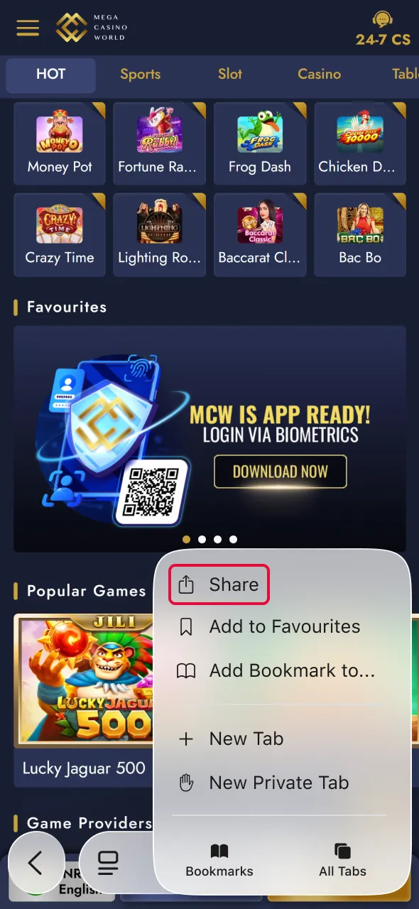 Tap the share icon to continue Aviator setup in Mega Casino World application.
