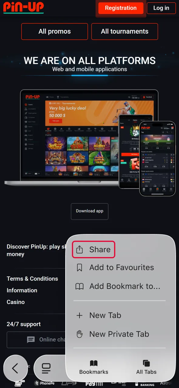 Tap share button to continue Aviator installation on Pin-Up.